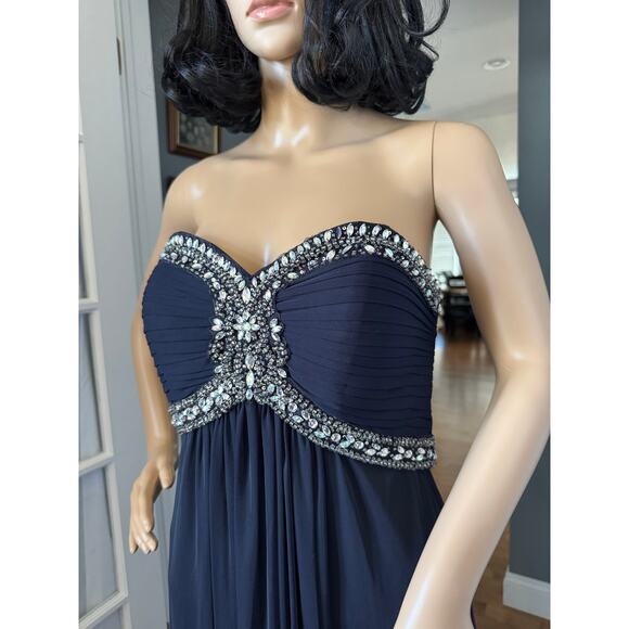 XSCAPE Navy Chiffon Jeweled Bodice Empire A-Line strapless Evening Gown 8 - Picture 11 of 16